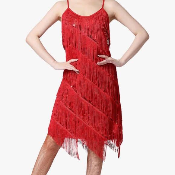 Women Salsa Latin Dance Dress Sequin Tassel Fringe Flapper Dress 1920s - Picture 4 of 9